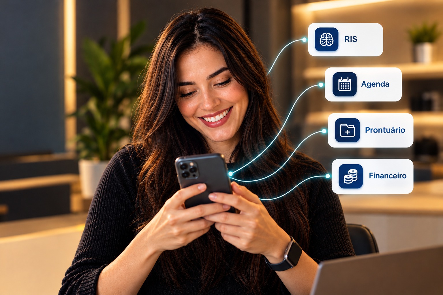 Mulher usando um celular conectado aos sistemas de RIS, agenda, prontuário e financeiro.